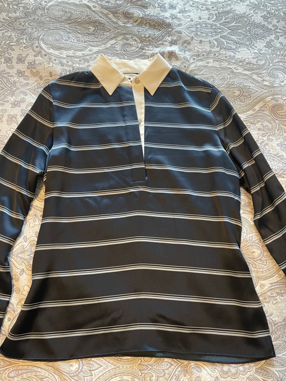 Vince Black and White Striped Polo Blouse
